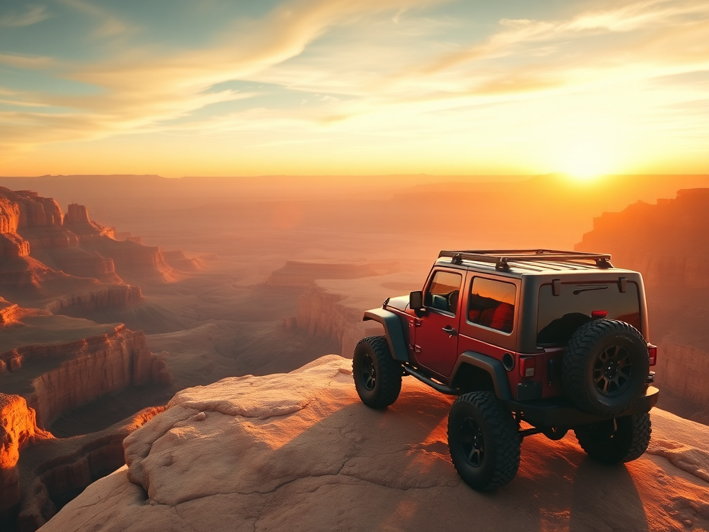 Lifted Jeep Wrangler parked on a canyon rim overlook at sunrise