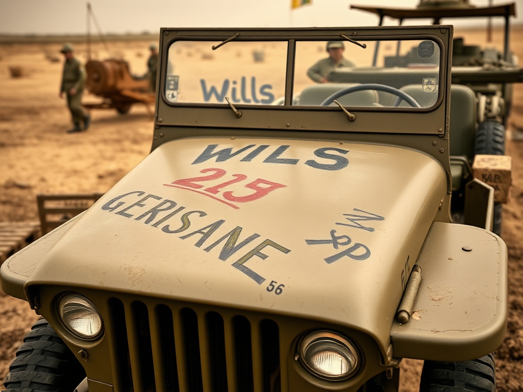 Vintage WWII-era Willys MB Jeep parked in a dusty field, weathered and hand-painted