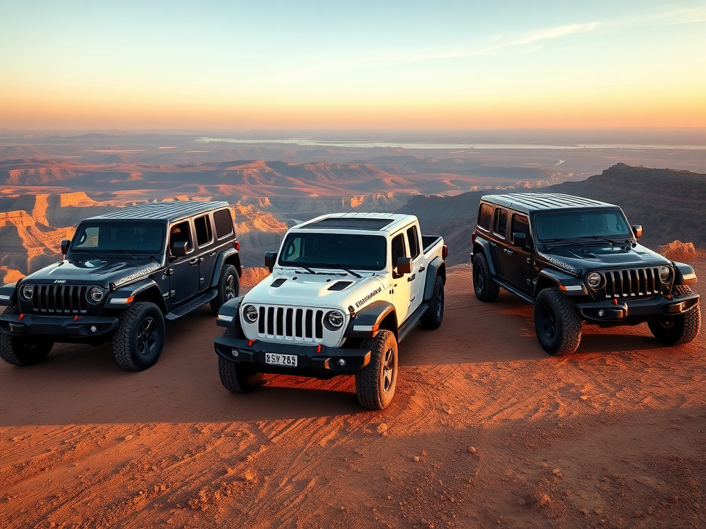 Three different Jeep models — Wrangler, Gladiator, and Cherokee — parked side by side on a trail