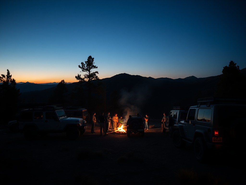 Group of Jeeps parked in a circle at a trailhead campsite at dusk