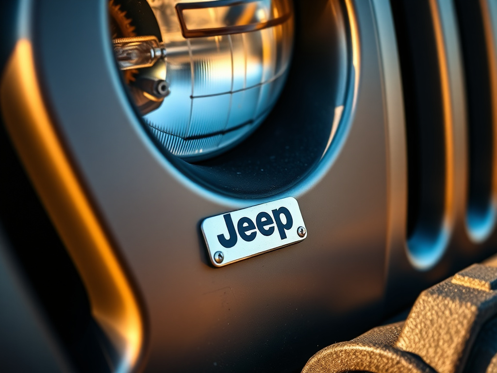 Close-up of a custom nickname badge riveted to a Jeep grille