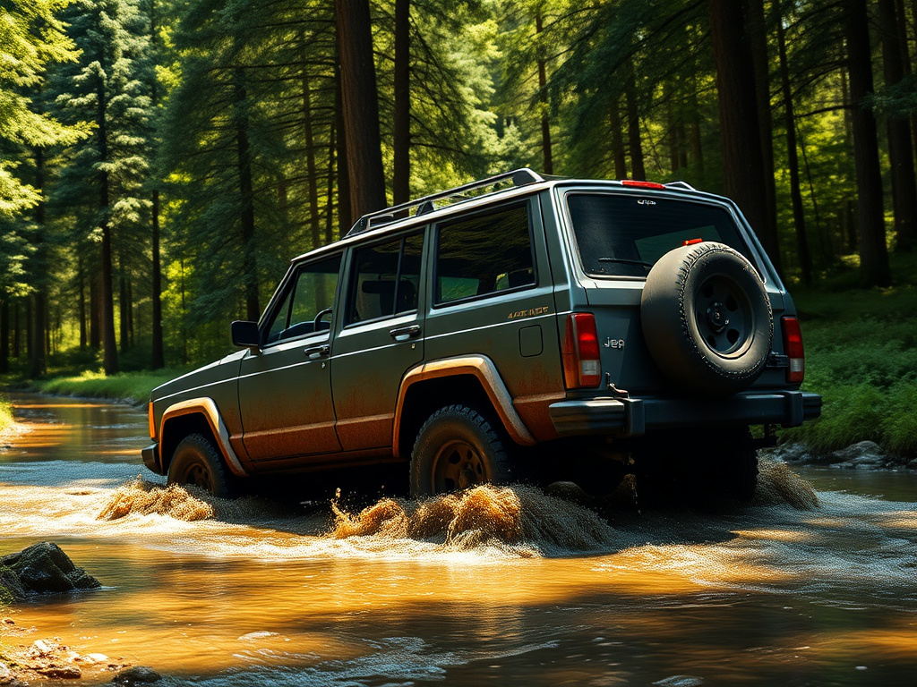 Classic Jeep Cherokee XJ on a forest trail with mud on the fenders