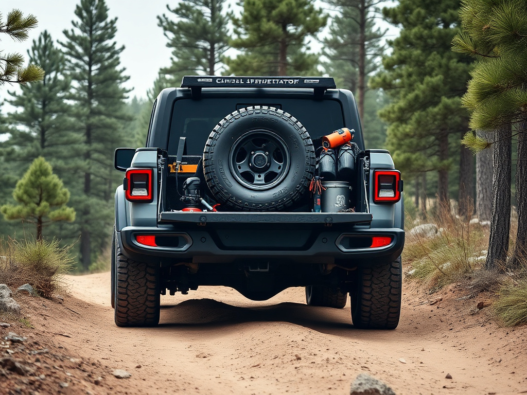 Jeep Gladiator pickup truck bed loaded with off-road gear on a dirt trail