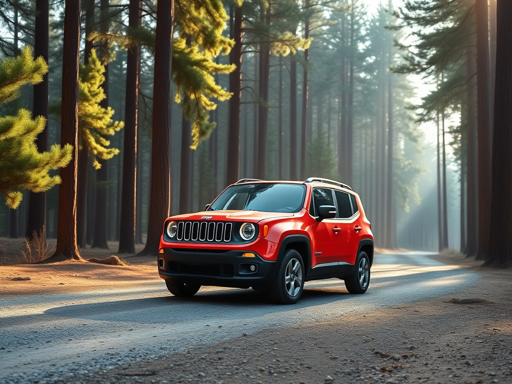Jeep Renegade compact SUV on a gravel forest road surrounded by pine trees