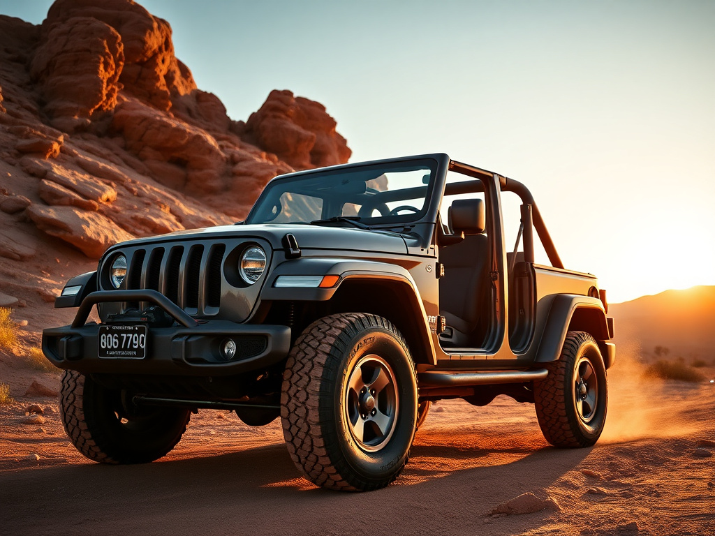 Jeep Wrangler with roof off parked on a rocky desert trail at golden hour